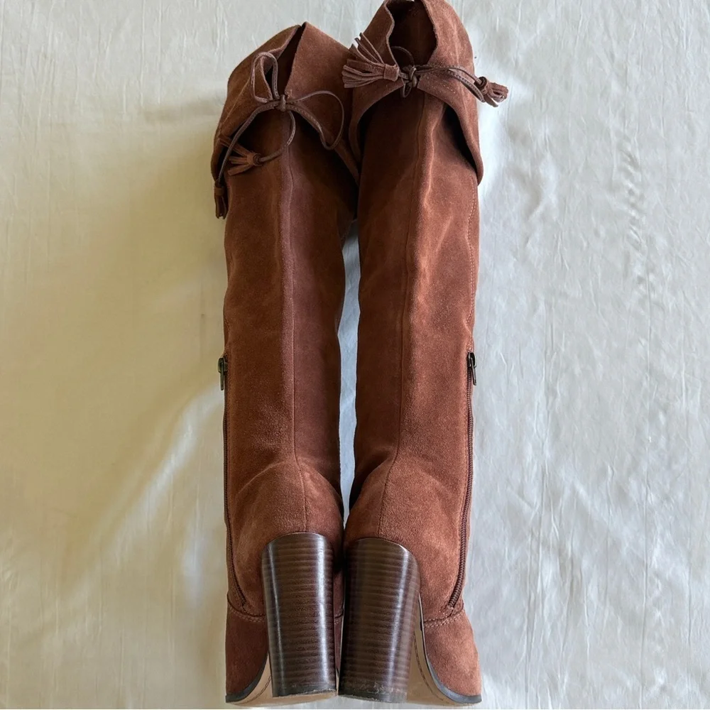 M4D3 Rafaelle Camel Brown Leather Boots Over Knee Tassel Ties Sz 9.5